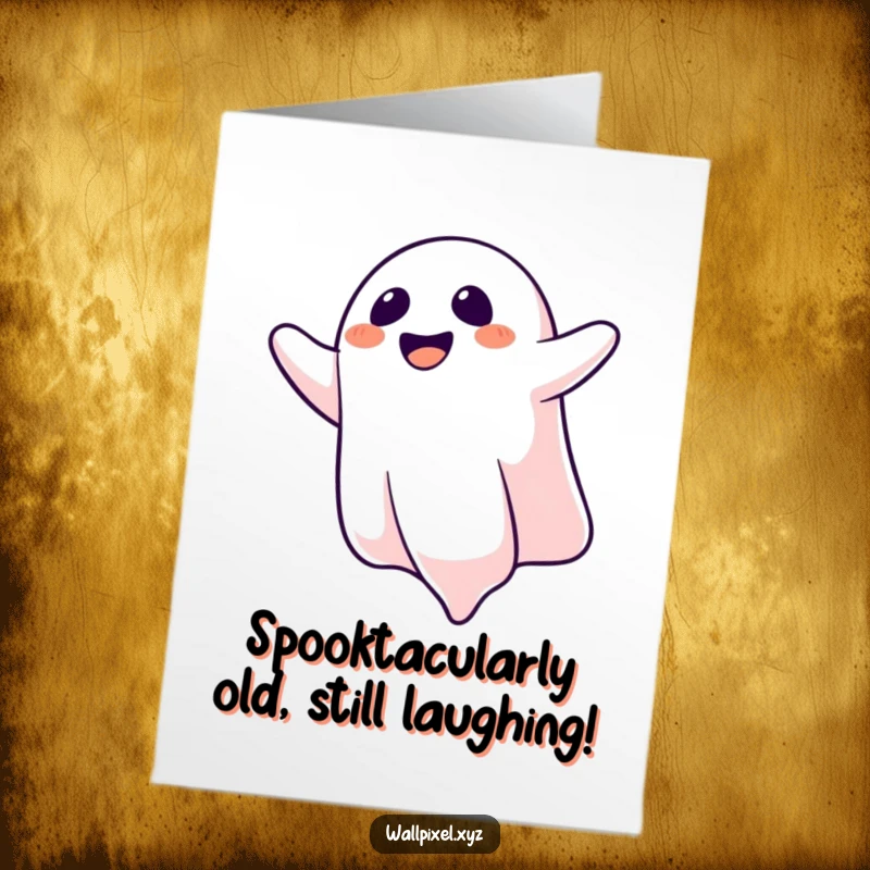 Funny Free Printable Birthday Card: A pixelated ghost laughing hysterically while floating upside down, perfect for a quirky birthday.