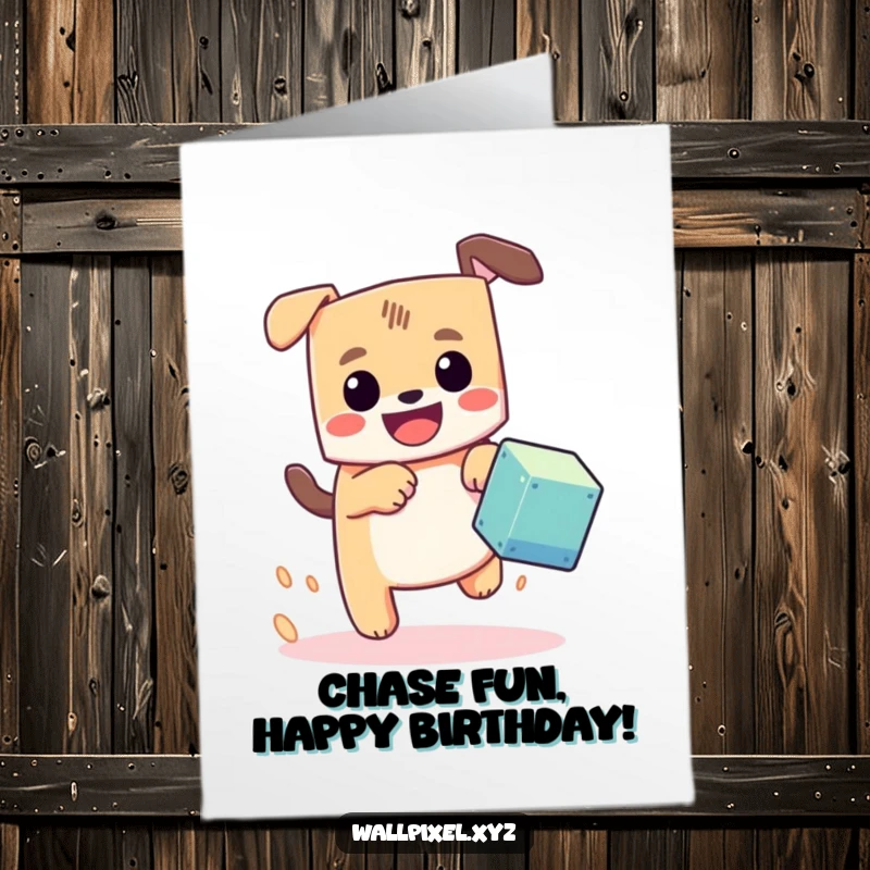 Funny Free Printable Birthday Card: A blocky dog with a grin chases a bouncing pixel cube on a birthday.