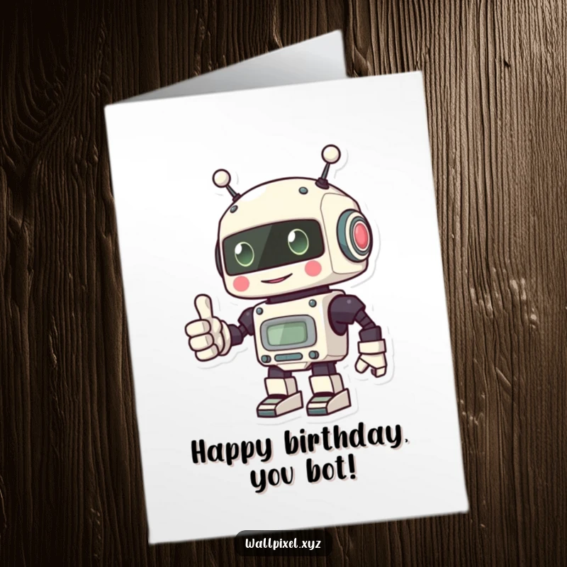 Funny Free Printable Birthday Card: Cheerful pixel robot giving a big thumbs up with its blocky hand.