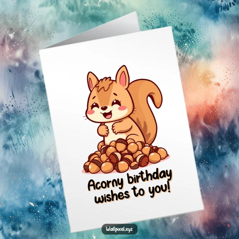 Funny Free Printable Birthday Card: Blocky pixel squirrel gleefully hoarding a massive pile of pixel acorns, a DIY greeting.