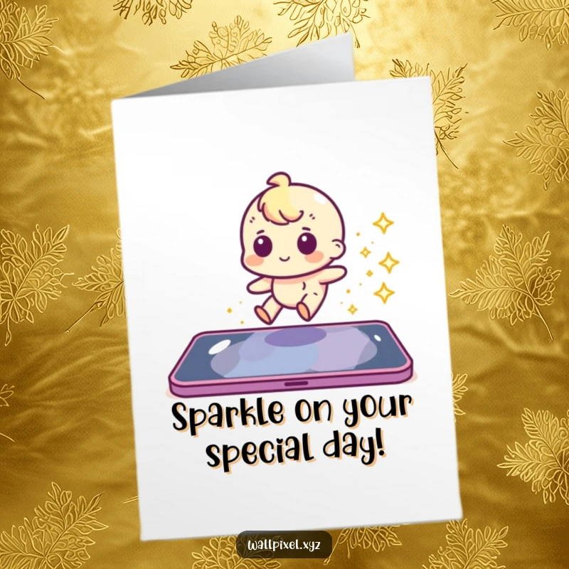 Funny Free Printable Birthday Card with a pixel character sliding with a sparkle trail, leaving joy.