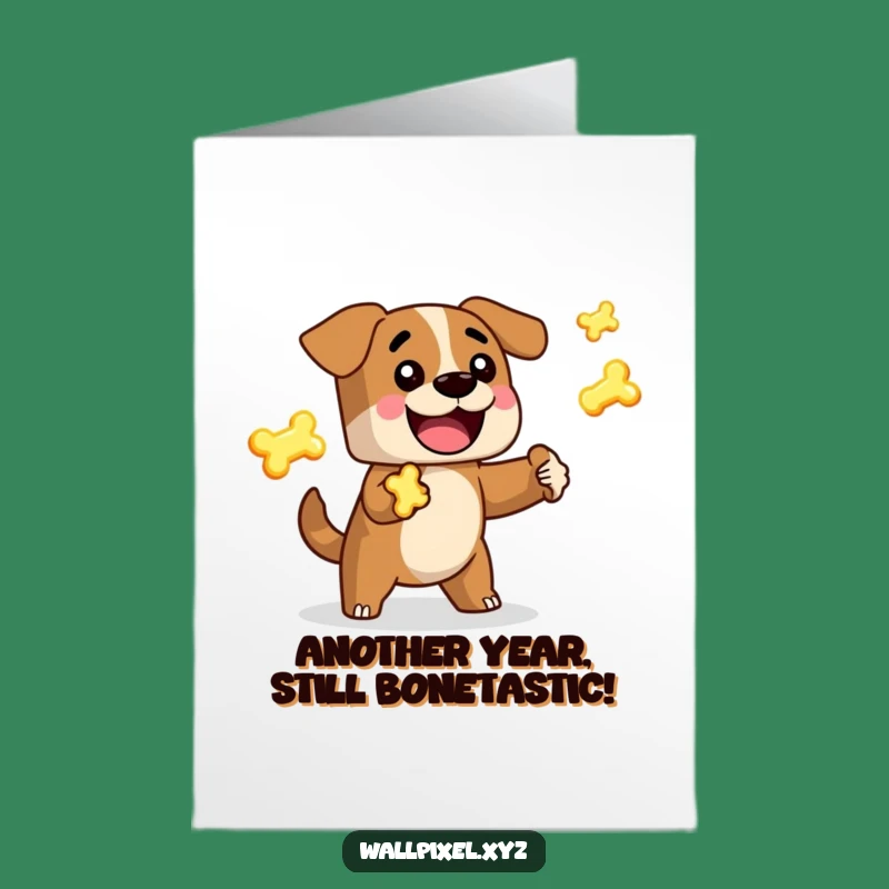 Free Printable Funny Birthday Dog Card: Blocky Pup Juggling Pixel Bones