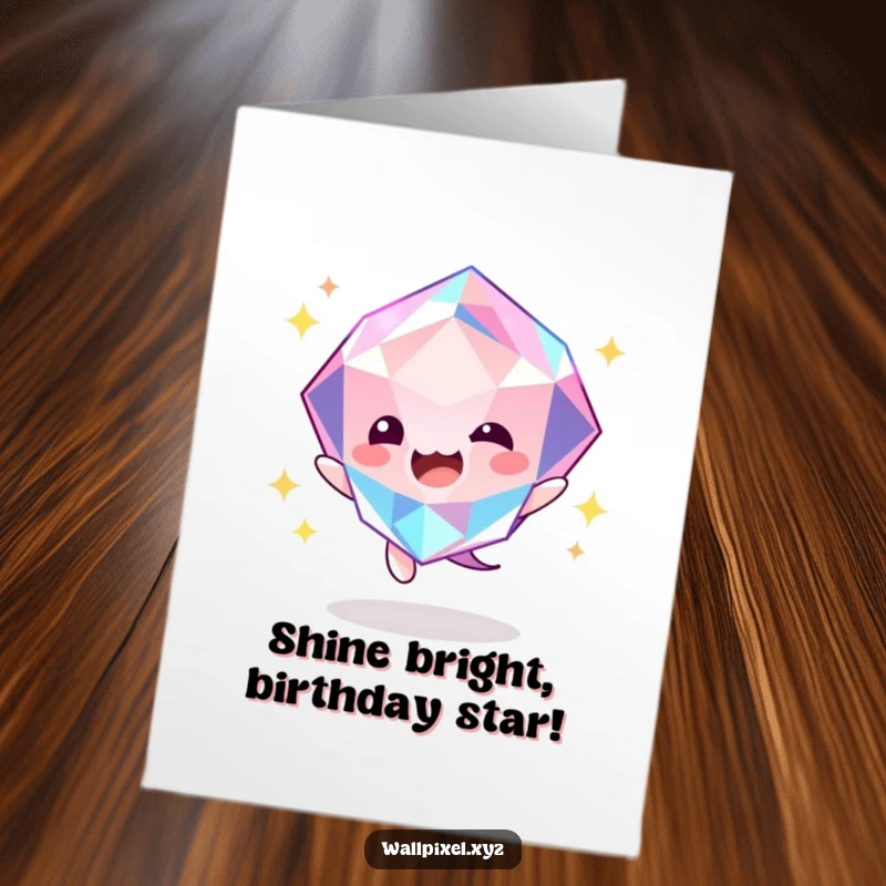 Funny Free Printable Gem Birthday Card, a faceted gem character bouncing with joy and a bright glow.