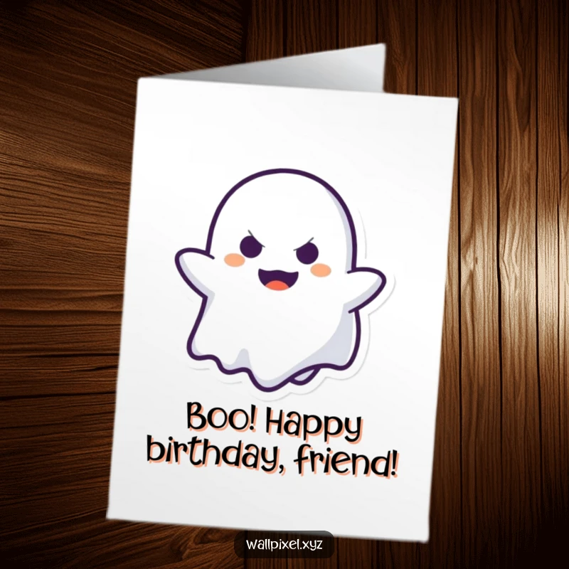 Funny free printable birthday card, a pixelated ghost character with a mischievous face playing peek-a-boo, celebrating birthdays.