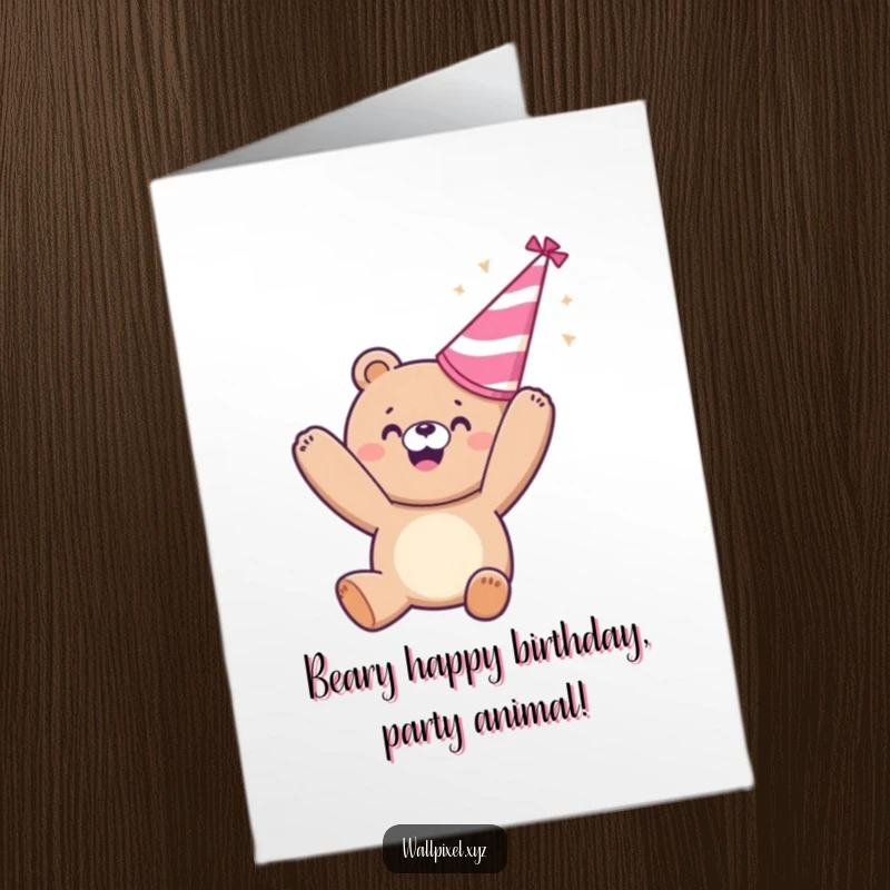 Funny Free Printable Birthday Card: Pixelated bear gleefully tosses party hat, perfect for a joyous celebration.