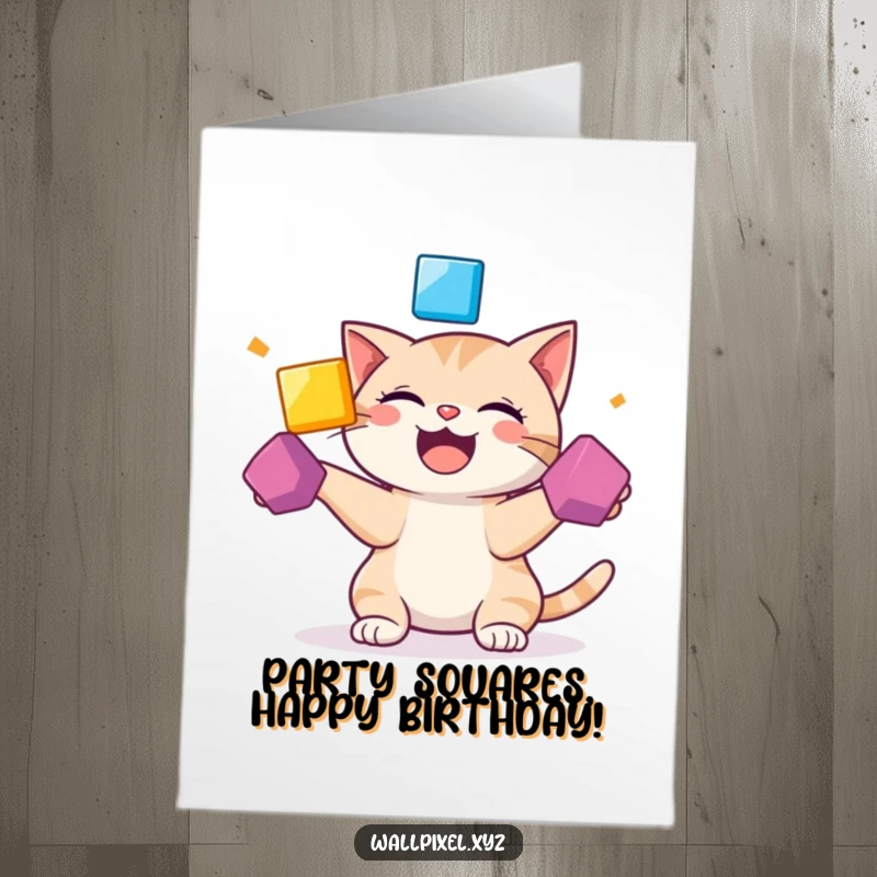 Funny Free Printable Birthday Card: Pixelated cat giggling while juggling colorful bouncing squares.
