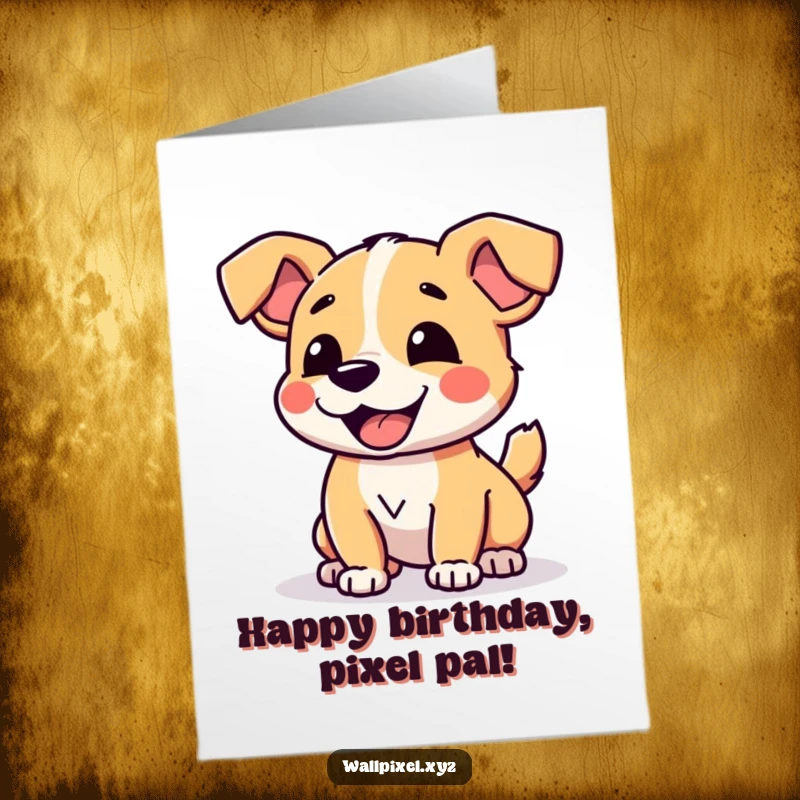 Funny free printable birthday card featuring a charming pixelated dog joyfully wagging its blocky tail, celebrating with pixel power.