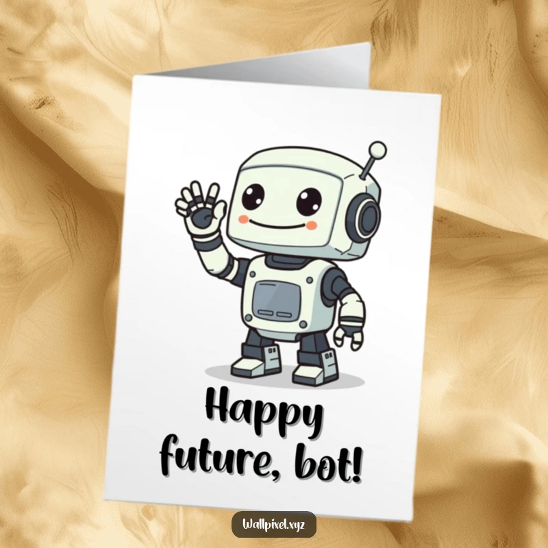 Free Printable Birthday Card: A smiling pixelated robot cheerfully waving with one digital arm, sending birthday wishes.