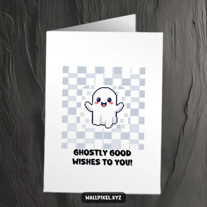 Funny Free Printable Birthday Card: A goofy pixel ghost happily phasing through a black and white checkerboard wall.