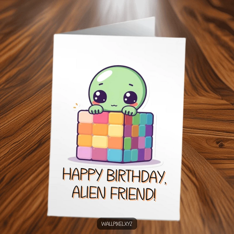 Funny free printable birthday card with a cute pixelated alien peeking from behind a colorful pixelated cube, sending greetings.