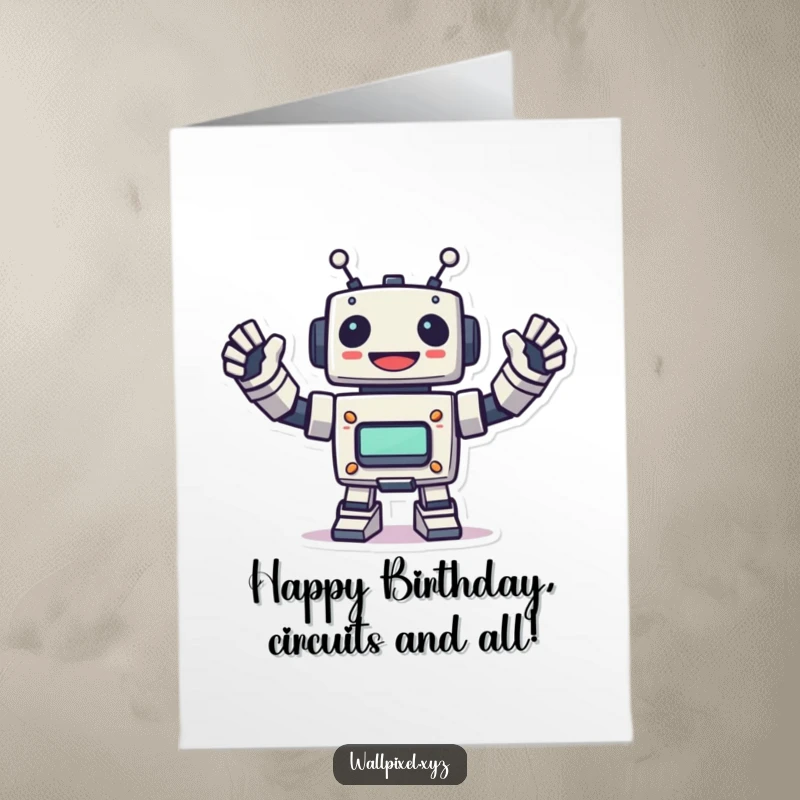 Funny Free Printable Birthday Card: Cheerful pixel robot waves blocky arms energetically. Print at home.