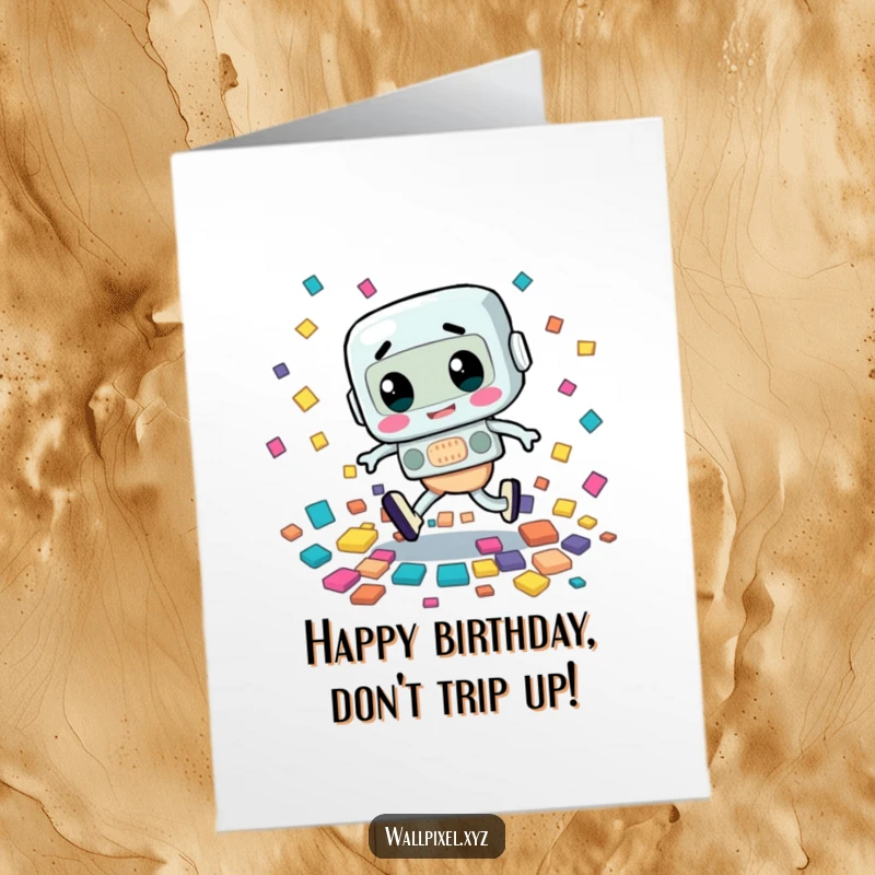 Funny Free Printable Birthday Card: Retro character awkwardly trips, scattering colorful squares in a humorous mishap.