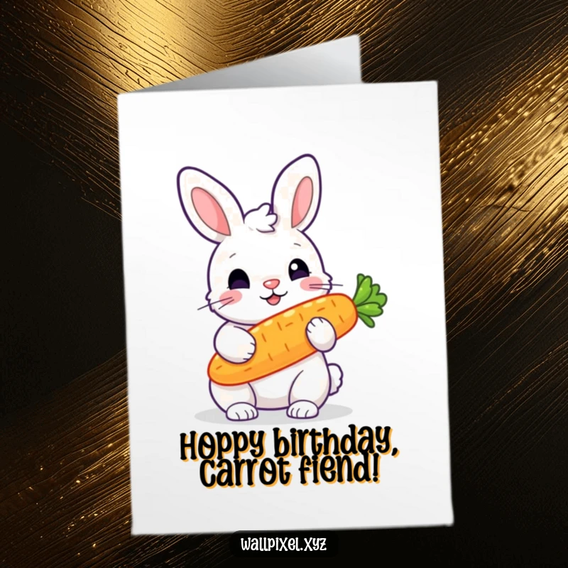 Funny Free Printable Birthday Card: A chunky pixelated rabbit holds a brightly glowing pixelated carrot.