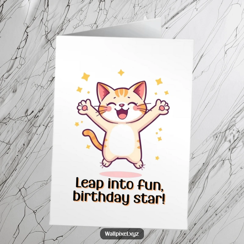 Funny Free Printable Birthday Card: A pixelated cat joyfully leaps among stars, celebrating a birthday with outstretched arms.
