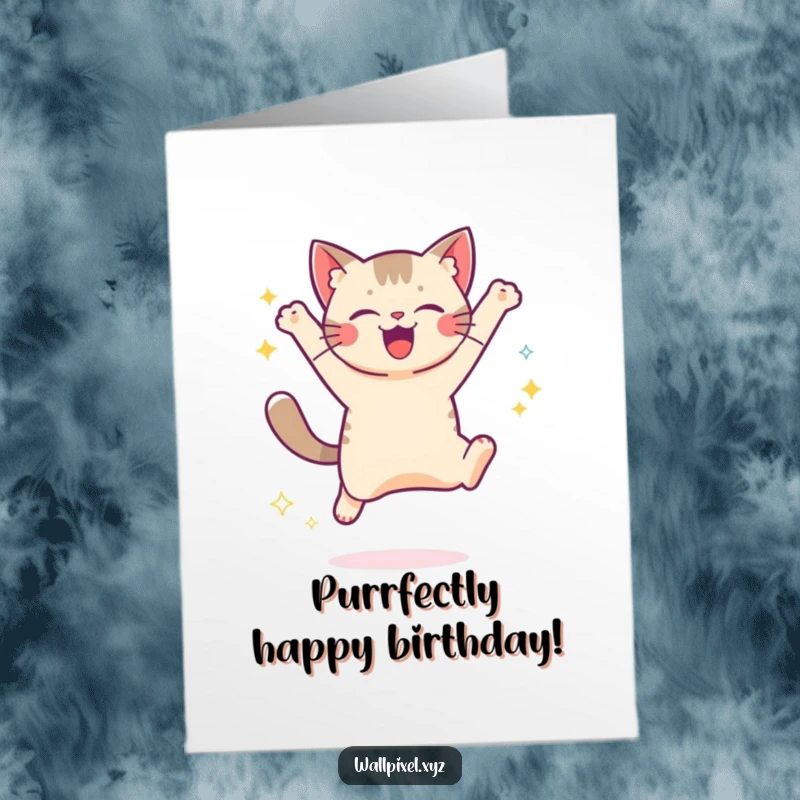 Free Printable Birthday Card: A pixelated cat joyfully leaping with trails of digital sparkles, celebrating with flair.