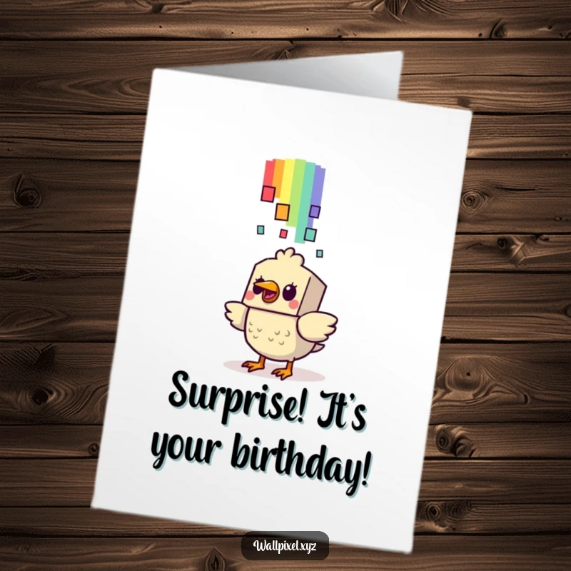 Funny free printable birthday card, a blocky bird character looking startled by a falling pixelated rainbow on their big day.