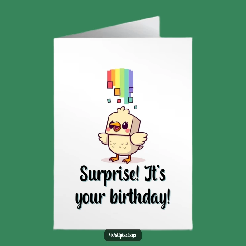 Free Printable Bird Birthday Card: Pixel Rainbow Surprise Cartoon Downloadable Gift