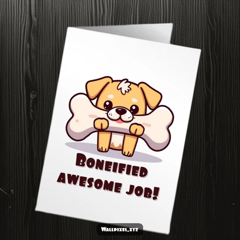 Free Printable Congrats Card: A blocky dog peeking from behind a massive pixelated bone, sharing in the celebration.