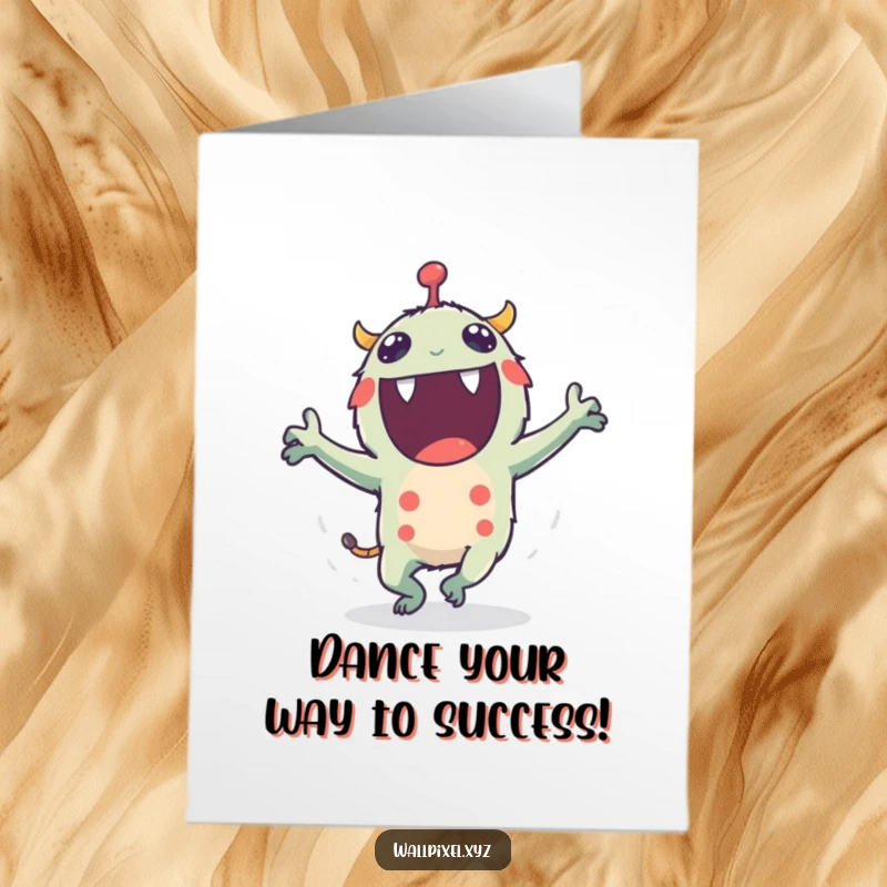 Funny Free Printable Congratulations Card: Joyful pixel monster performing an energetic, blocky-armed dance of triumph.