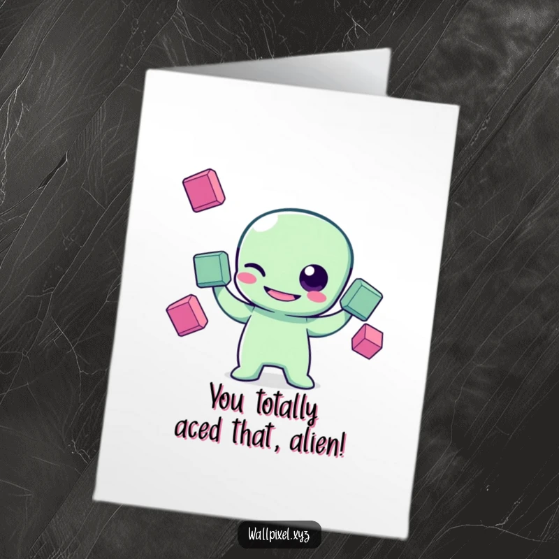 Free Printable Congratulations Card: Pixel alien winks and juggles squares, celebrating achievement with cosmic flair.