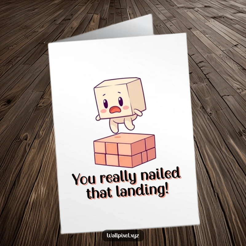 Funny Free Printable Congratulations Card: Blocky figure surprised, tripping over a pixel, celebrating success with humor.