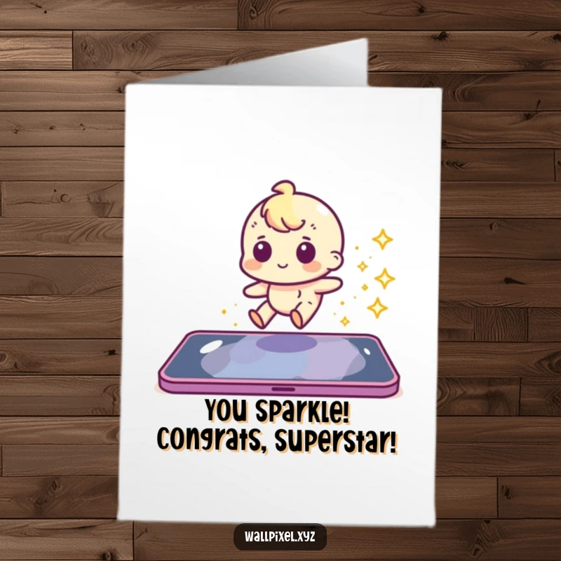 Funny Free Printable Congrats Card with a pixel character leaving a sparkle trail, celebrating success.