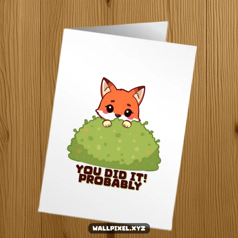 Funny Free Printable congratulations card with a playful pixel fox emerging from a pixelated bush, sharing in the excitement of success.