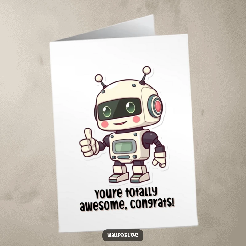Funny Free Printable Congratulations Card: A happy pixel robot giving a prominent thumbs up gesture.