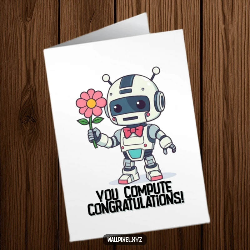 Funny Free Printable Congratulations Card: A retro robot with a bow extending a pixelated flower with affection.