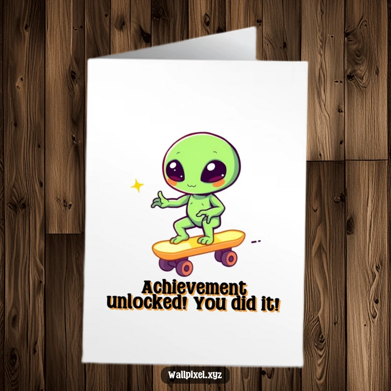 Funny Free Printable Congratulations Card: Pixelated alien winking on a glowing block skateboard, a unique way to celebrate.