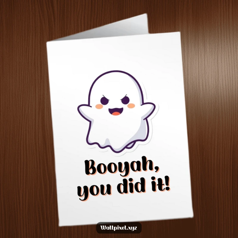 Funny free printable congratulations card, a pixelated ghost character making a mischievous face playing peek-a-boo, celebrating success.