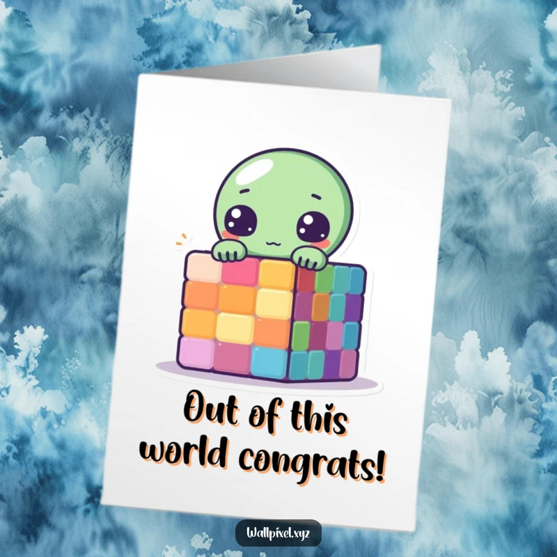 Funny free printable congratulations card with a cute pixelated alien peeking from behind a cube, celebrating success.