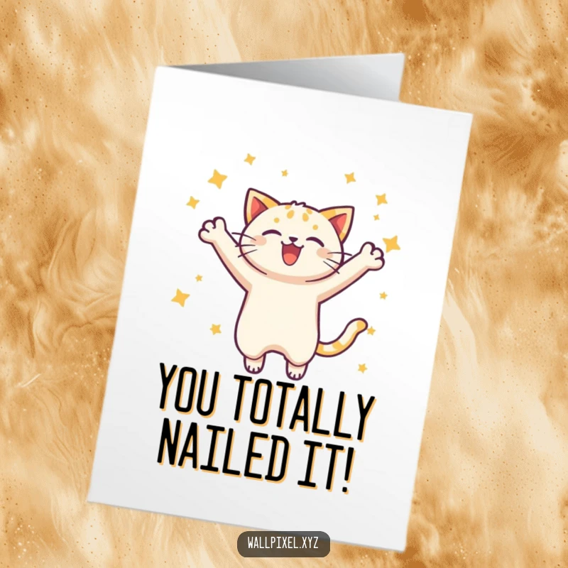 Funny Free Printable Congratulations Card: Pixelated cat leaps joyfully through stars, celebrating a big win. Print at home.