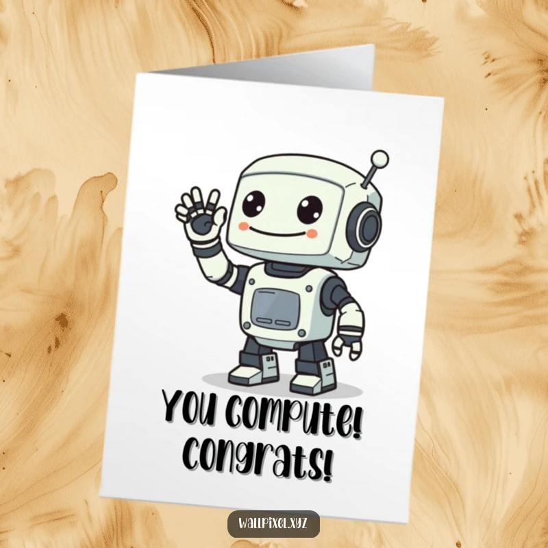 Free Printable Congrats Card: A smiling pixelated robot extending a single digital arm to wave congratulations.