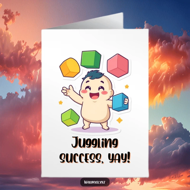 Funny Free Printable Congrats Card: A cheerful, wobbly pixelated character juggles colorful cubes, celebrating a fantastic success with playful energy.
