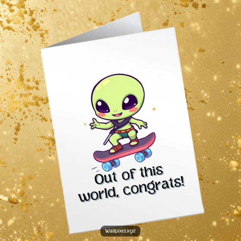 Funny Free Printable Congratulations Card: Pixelated alien winks from its block skateboard, a cool win.