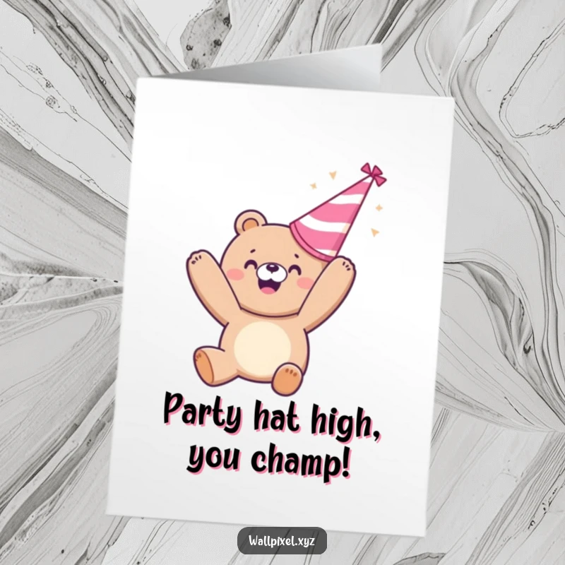 Funny Free Printable Congratulations Card: Pixelated bear tossing party hat in celebration, a downloadable joy.