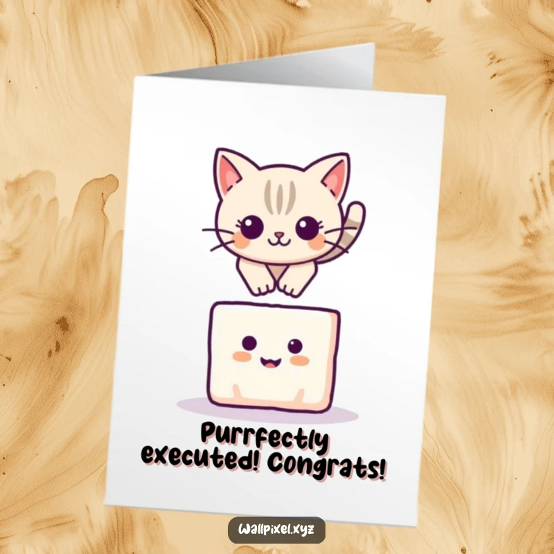 Funny Free Printable Congrats Card: Pixelated cat leaps expertly over a smiling square block, celebrating a successful feat.