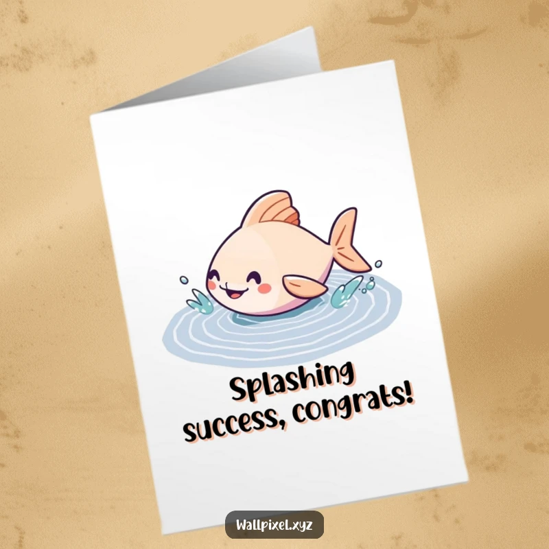 Funny Free Printable Congratulations Card: A geometric fish gleefully splashing in a pixelated puddle, celebrating achievements with watery delight.