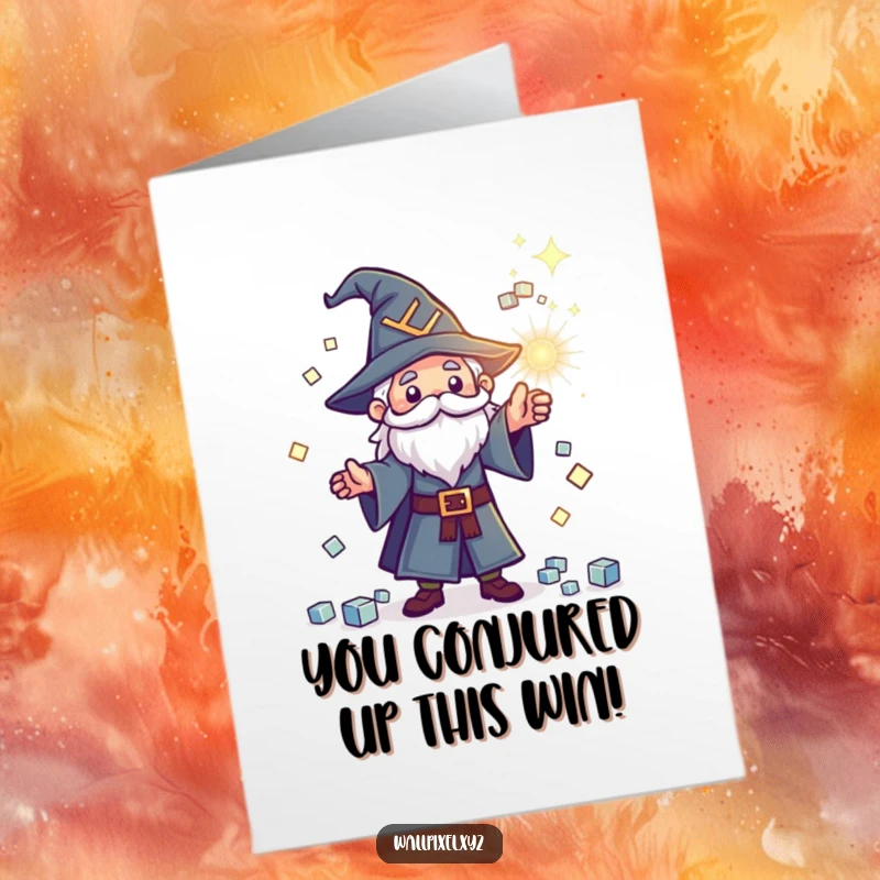 Funny Free Printable Congratulations Card: Pixel wizard conjuring sparkling cubes, a magical DIY message for their achievement.