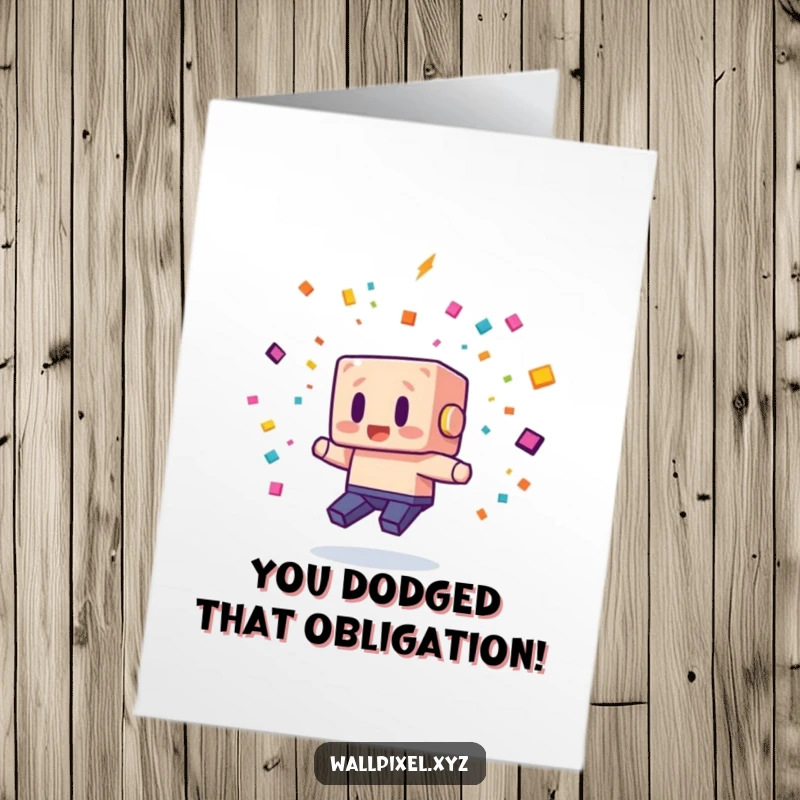 Funny Free Printable Congrats Card: A determined blocky character evading incoming pixel confetti, symbolizing overcoming challenges.