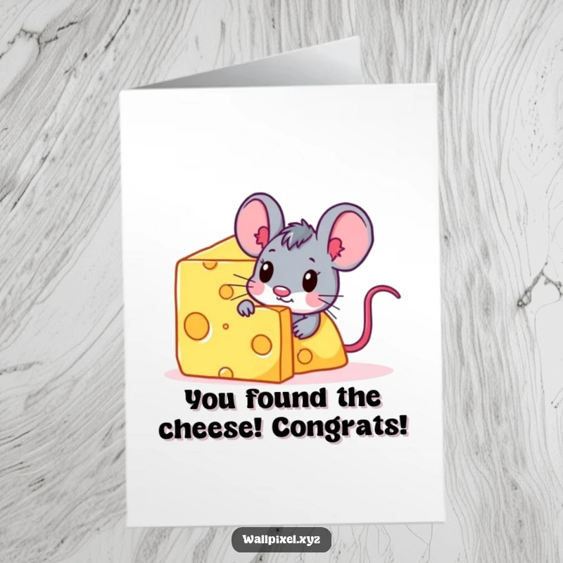 Funny Free Printable Congrats Card with a pixel mouse peeking from behind a giant digital cheese.