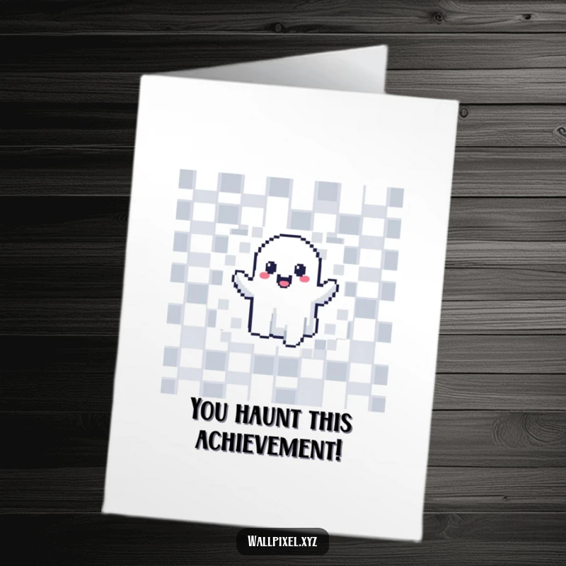 Funny Free Printable Congratulations Card: A cheerful pixel ghost blithely phasing through a checkerboard wall in celebration.