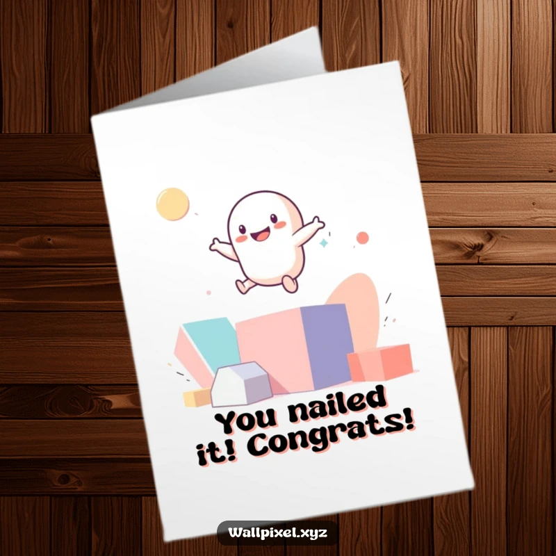 Funny Free Printable Congrats Card with a pixel figure bouncing gleefully on abstract geometric shapes.