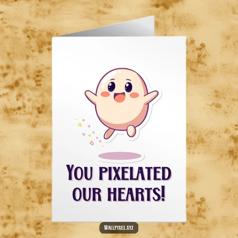 Funny Free Printable Congrats Card: A pixelated blob character joyfully bounces, scattering a trail of bright, energetic pixels.