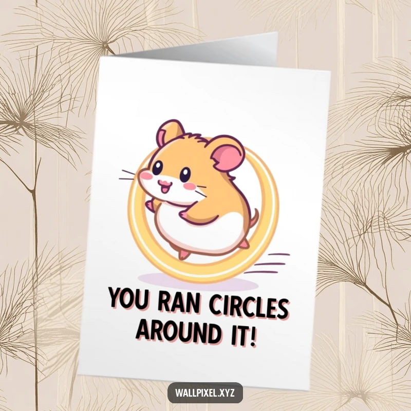 Funny Free Printable Congratulations Card: Pixelated hamster running fast on a bright, glowing wheel, conveying achievement.