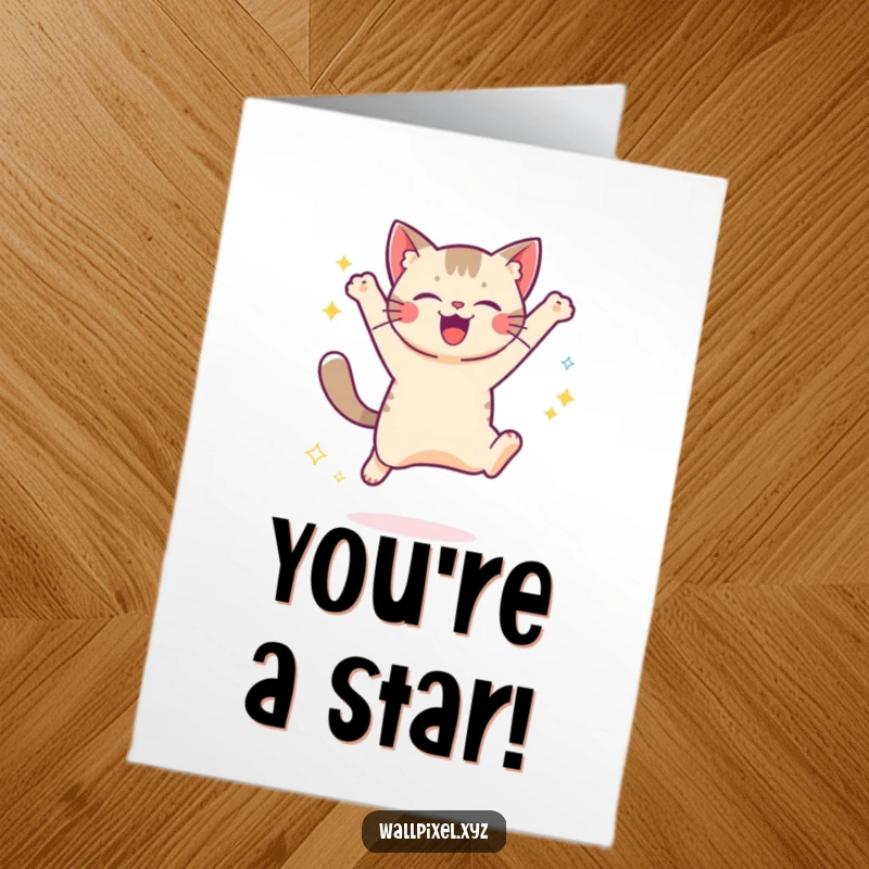 Free Printable Congrats Card: A pixelated cat mid-jump, leaving a trail of digital sparkles to celebrate big wins.