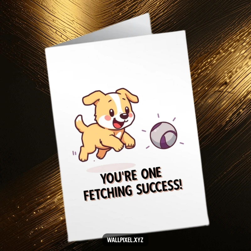 Funny Free Printable Congratulations Card: Pixelated dog in hot pursuit of a bouncing pixel ball, celebrating achievement.