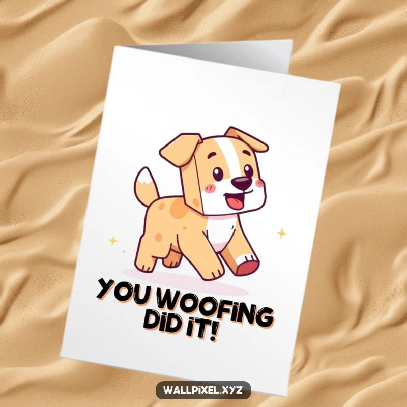 Funny Free Printable Congratulations Card: Blocky dog excitedly chases its tail in a pixelated blur, celebrating achievement.