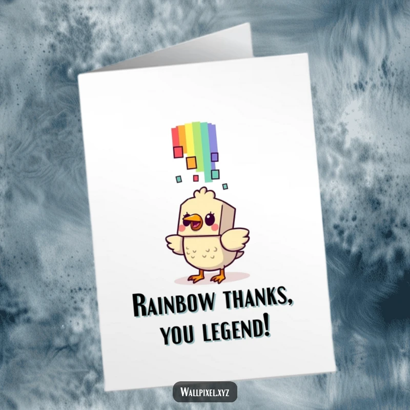 Funny free printable thank you card, a blocky bird character startled by a falling pixelated rainbow, expressing thanks.